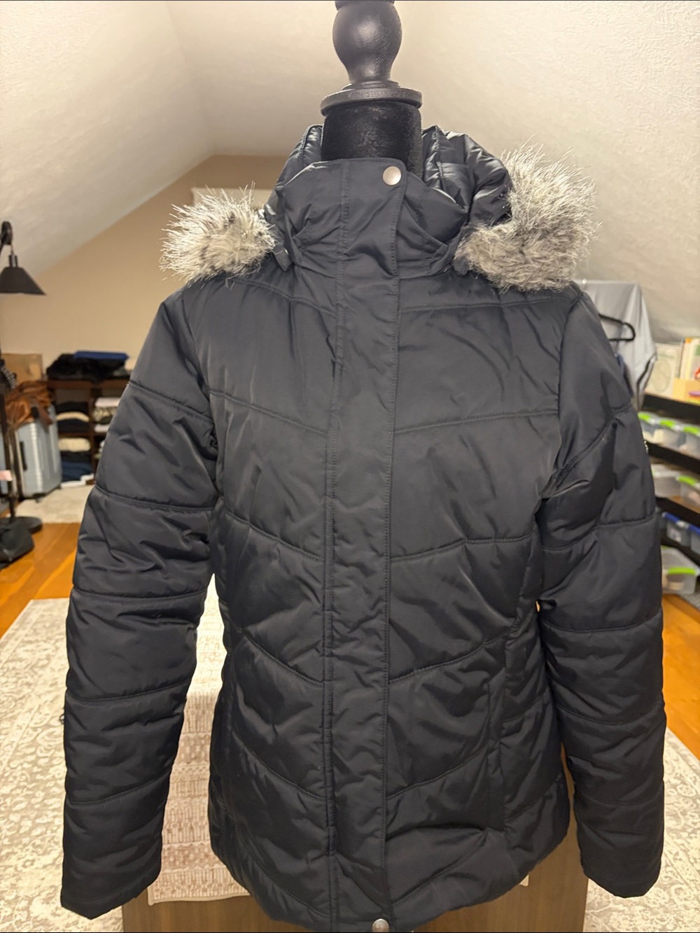Columbia Black Quilted Puffer with Faux Fur Trim Hood